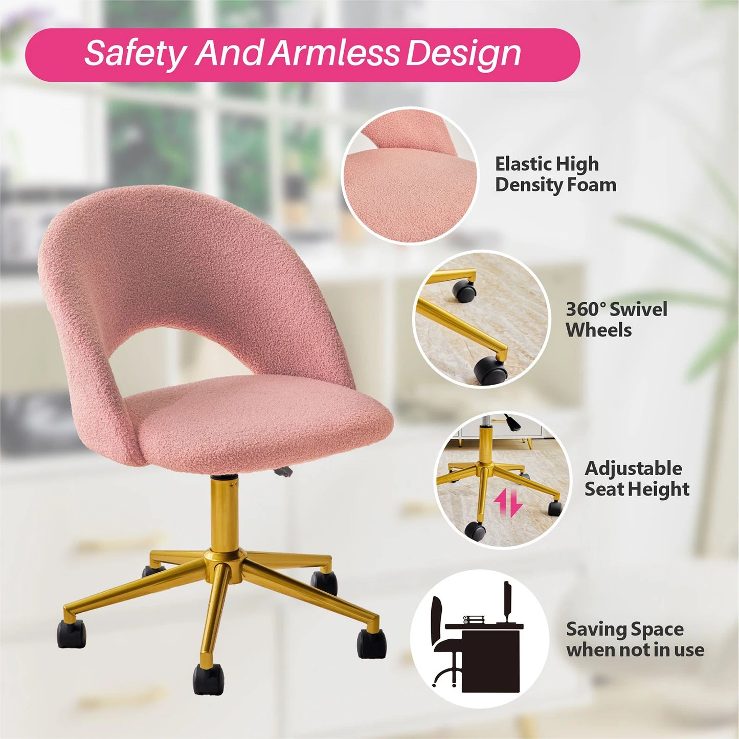 Redlife Velvet Desk Chair Vanity Chair with Gold Wheels Upholstered Adjustable Rolling Swivel Nail Stool for Living Room Bedroom