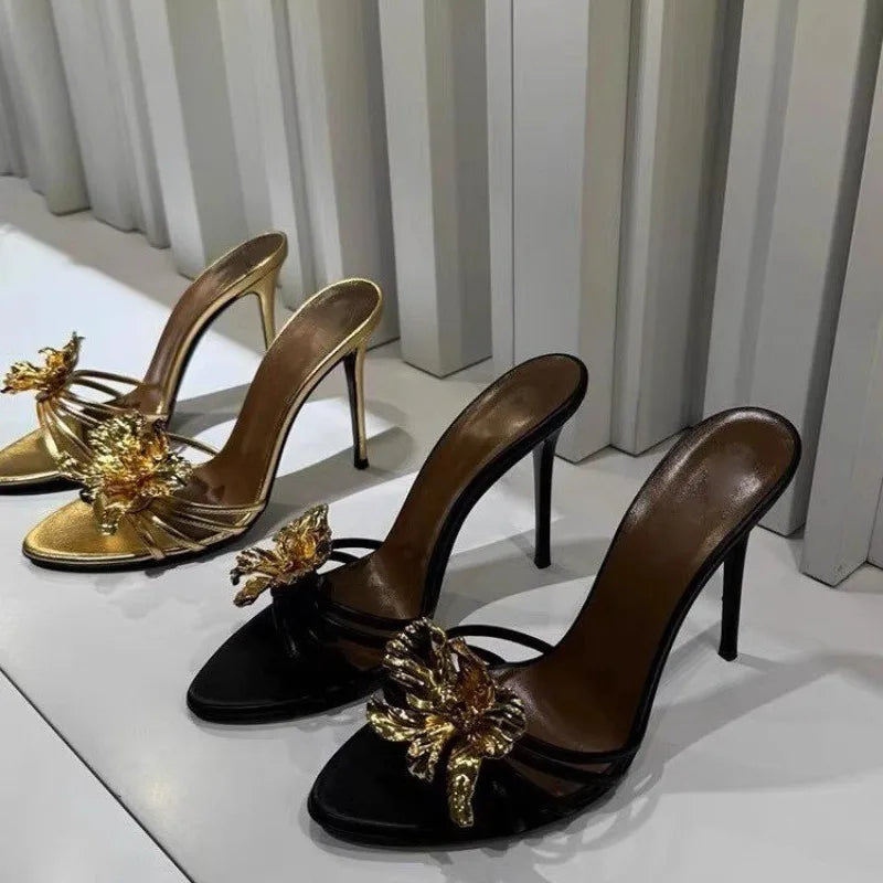 High-heeled Sandals for Women Fashion Pointed Head Shallow Mouth Crystal Flower Set Foot Anti-slip Wear Slippers