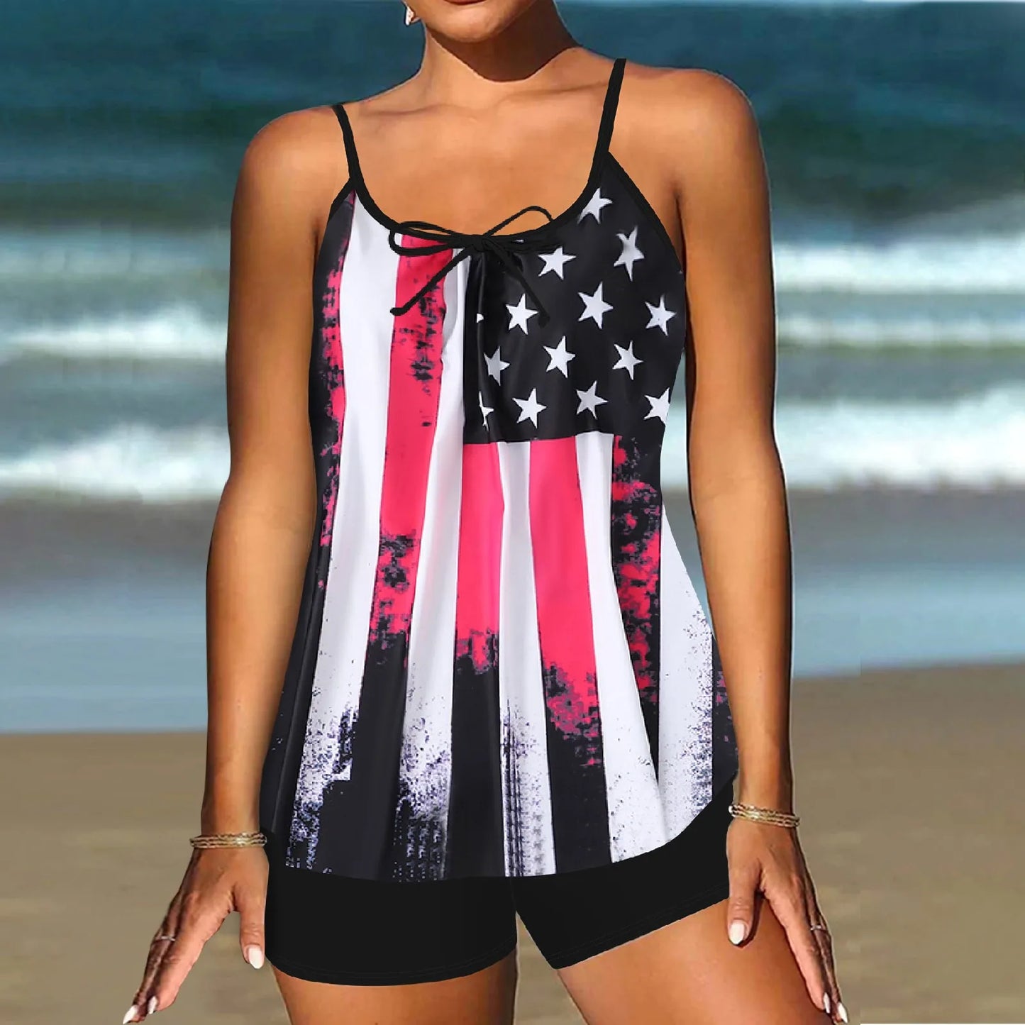Plus size women's split swimsuit sexy slim printed sling bikini swimwear beach conservative swimsuits two-piece set beachwear