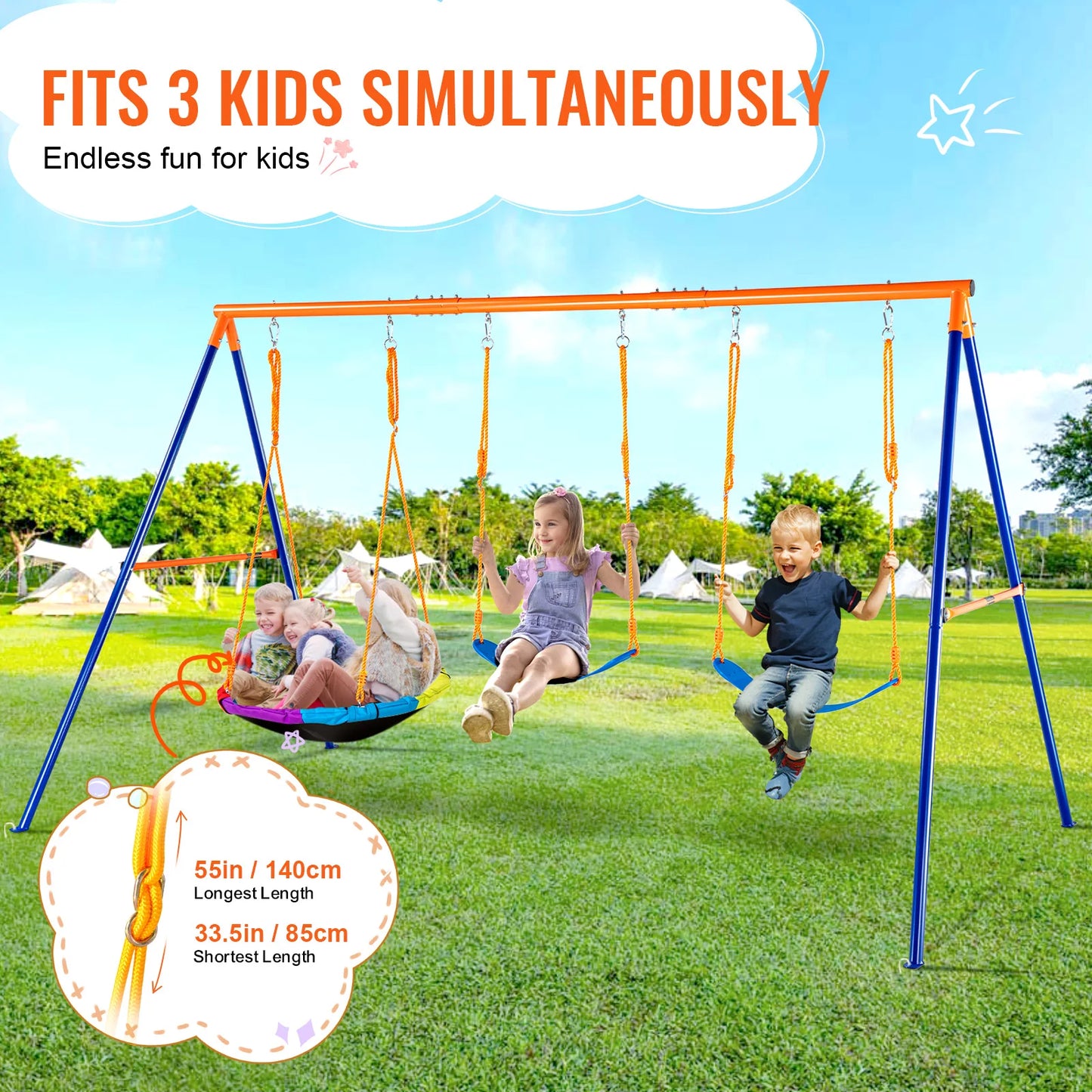 VEVOR Swing Sets for Backyard 600lbs Capacity Swing Set with 1 Saucer Swing Seat 2 Belt Swing Seats Swingset Outdoor for Kids