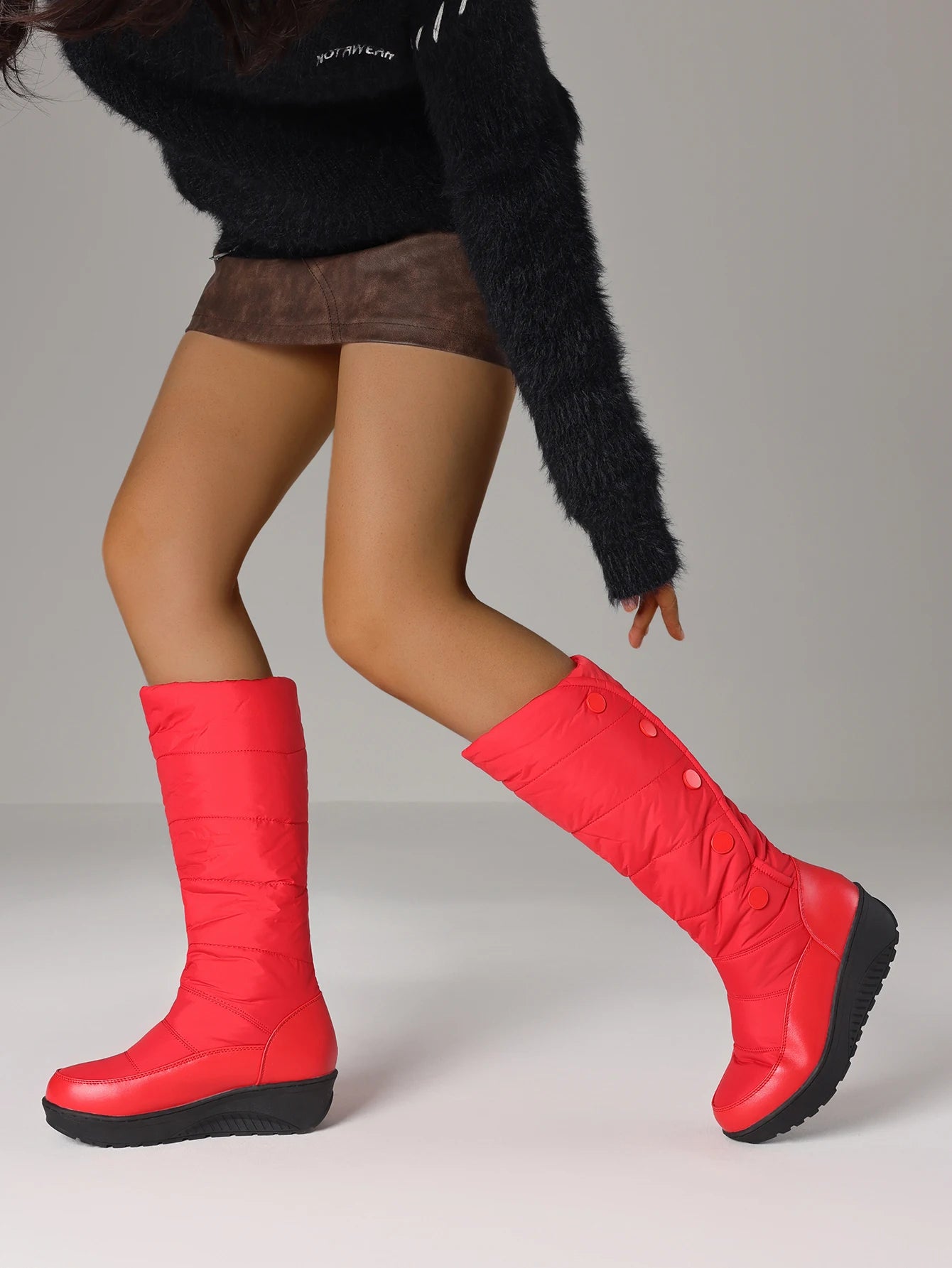 Comfy Women Snow Boots Slip On Round Toe Wedges Heel Plaform Mid Calf Shoes Luxury Warmplush Fluffy Winter Shoes Woman