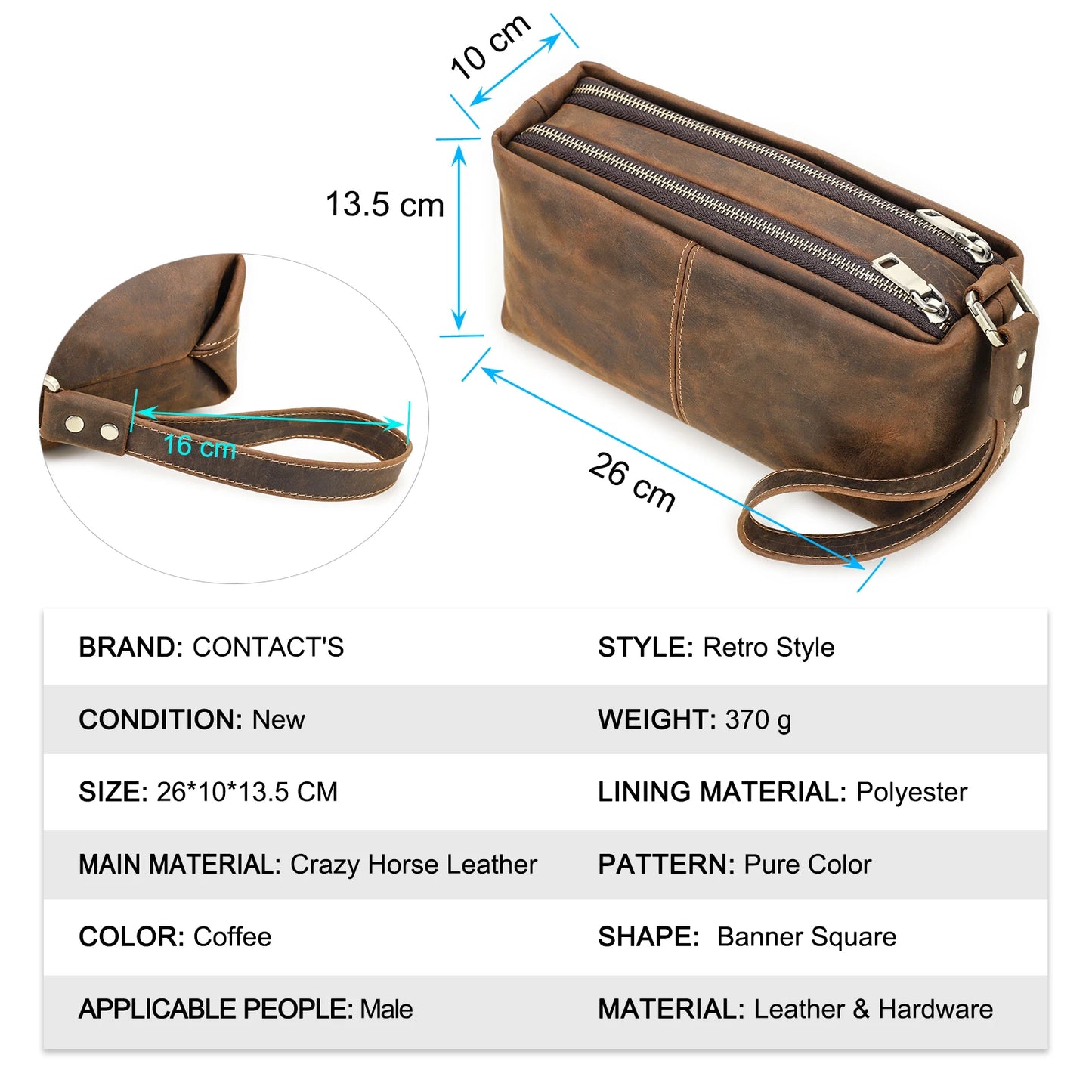 CONTACT'S Genuine Leather Men Clutch Bags Wrist Strap Crazy Horse Leather Handbag Men's Bag Phone Pocket Male Clutches Wallets