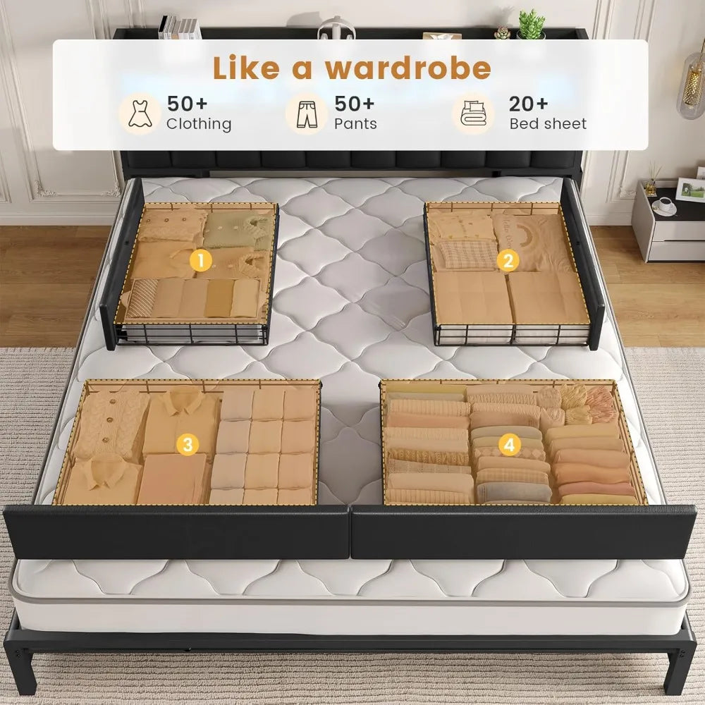 California King Bed Frame with 10 Storage Drawers, RGB LED Bookcase Headboard, and PU Upholstered Cal King Bed with Charging Sta
