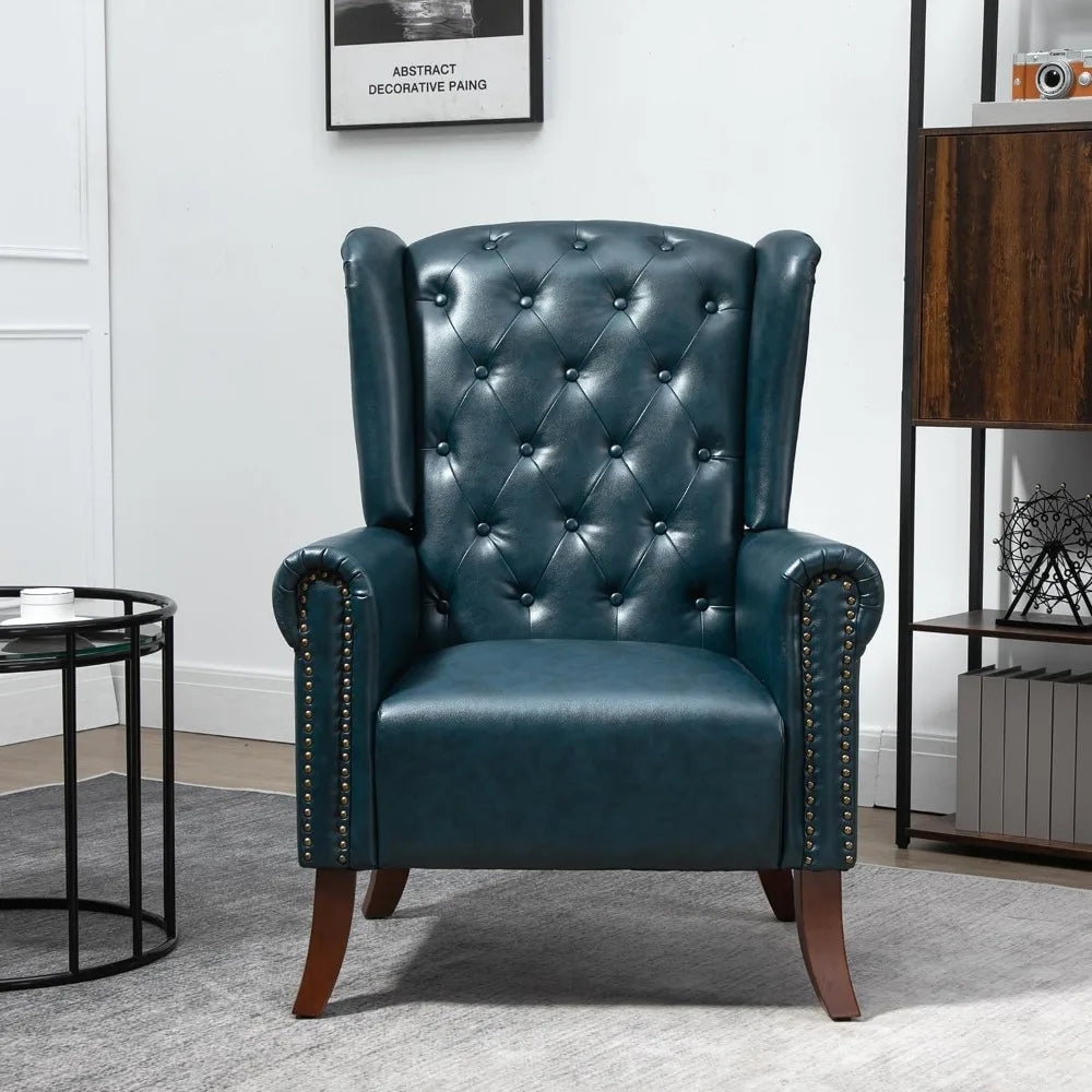 Modern PU Leather Accent Chair, Living Room Lounge Sofa Chair with Buttons, Single Club Armchair with Rivet Trim for Bedroom Ho