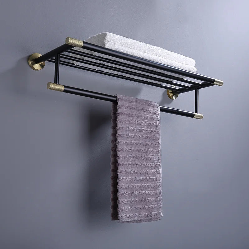Brushed Gold Black Stainless Steel Wall-mounted Bathroom Storage Paper Towel Holder Toilet Brush Bath Robe Hook Soap Dispenser