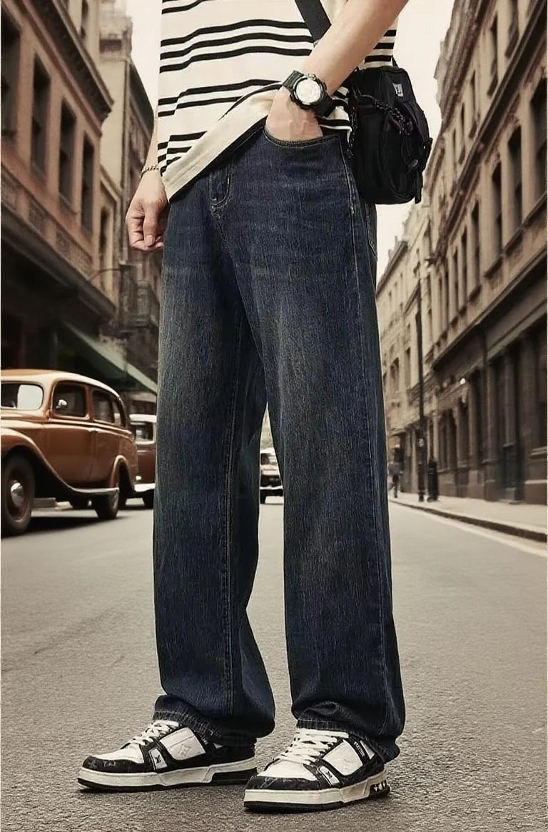 New Streetwear Loose Jeans Men Korean Fashion retro Denim Pants Solid wash Casual straight tubeTrousers Men Brand Clothing Wear