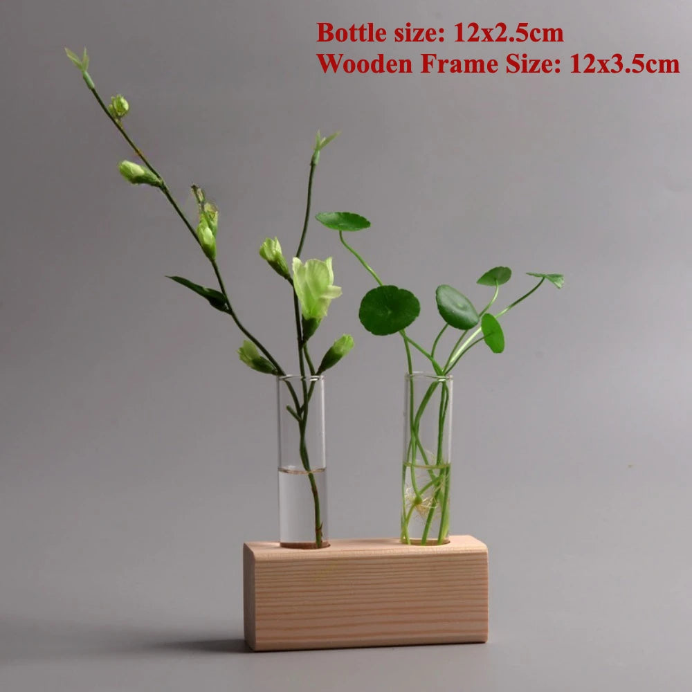 Creative Wooden Frame Hydroponic Flower Small Vase Plant Glass Bottle Container for Home Living Room Office Decoration
