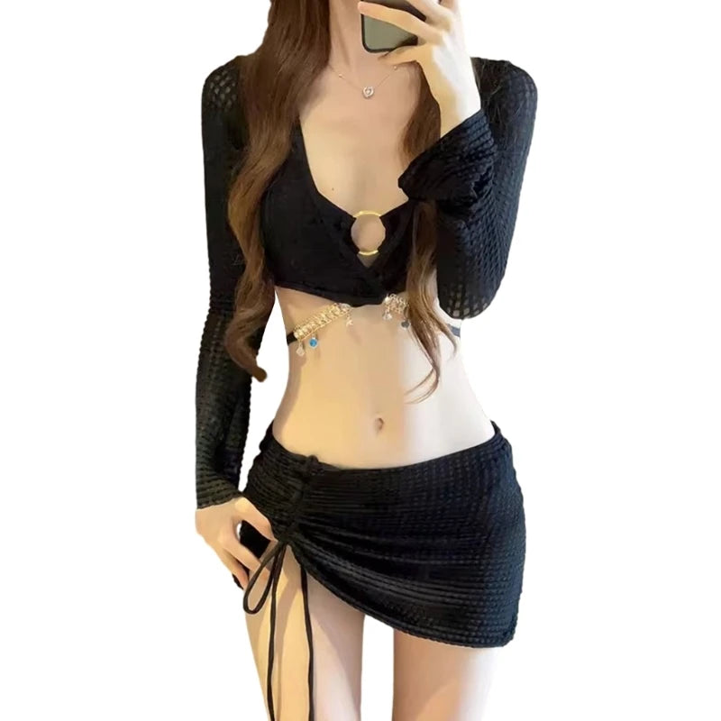 Women 4 Piece Swimsuits Triangle O Rings Bikinis Sets Bathing Suit with Cover Up Beach Wrap Skirt and Long Sleeve Crop Tops