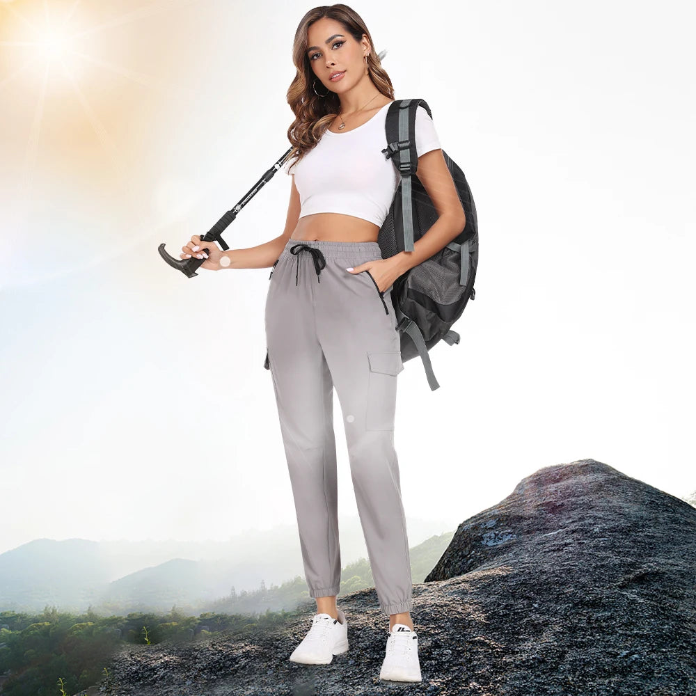 Hiking Pants for Women UPF 50+ Cargo Quick Dry Water Resistant Elastic Waist Zip Pockets,Travel work Lightweight Running