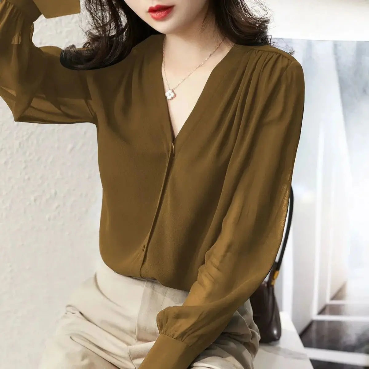 Women's Clothing Chiffon Blouse Spring Fall V-Neck Long Sleeve Slim Fit Retro Minimalist Elegant Feminine Office Chic Solid
