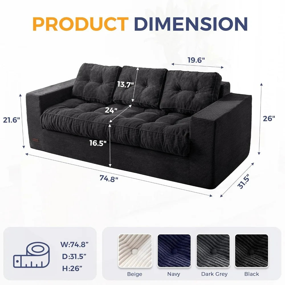 3 Seater Couch for Living Room, Boneless Couch with Tufted Cushion & Backrest, Upholstered Floor Sofa with Armrests, Sofa in A