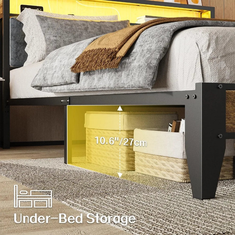 Metal Queen Bed Frame with 2-Tier Storage, LED Light Headboard, and Charging Station Type C