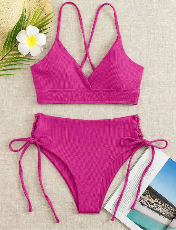 Sexy Solid V Neck Lace Up Bikinis 2 Piece Set Women Split Swimsuit High Waist Beach Bikinis 2025 New Summer Swimwear Bikinis Set