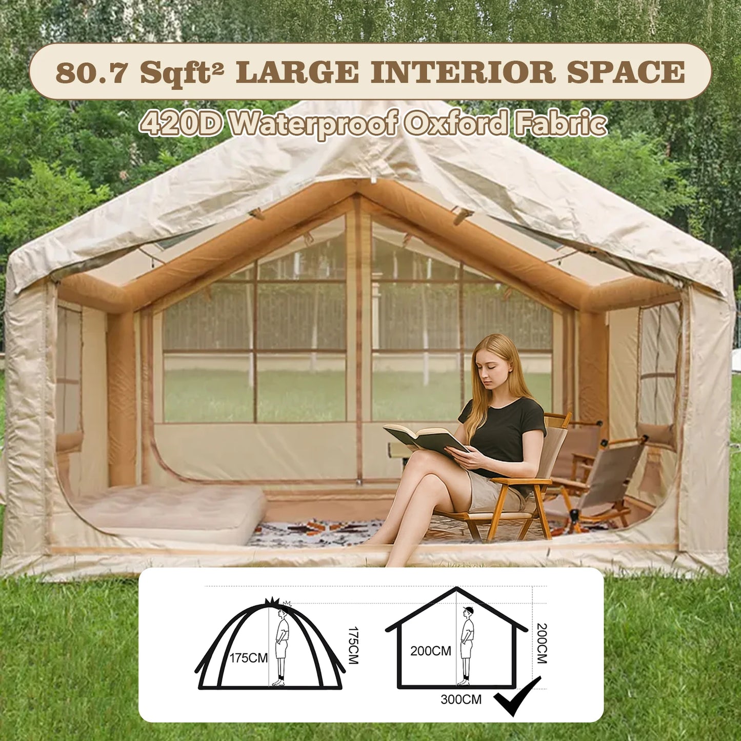 10'x 8' Inflatable Camping Tent,4 Season Blow up Tents for Camping,Large Inflatable Tent 6-8 Person with Jack Stove,AC Vent