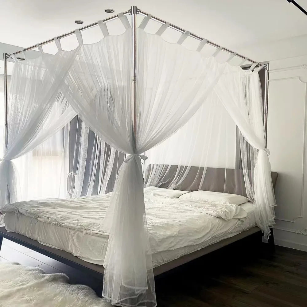 Queen Size Stainless Steel Canopy Bed Frame with Thick Brackets and Mosquito Curtains
