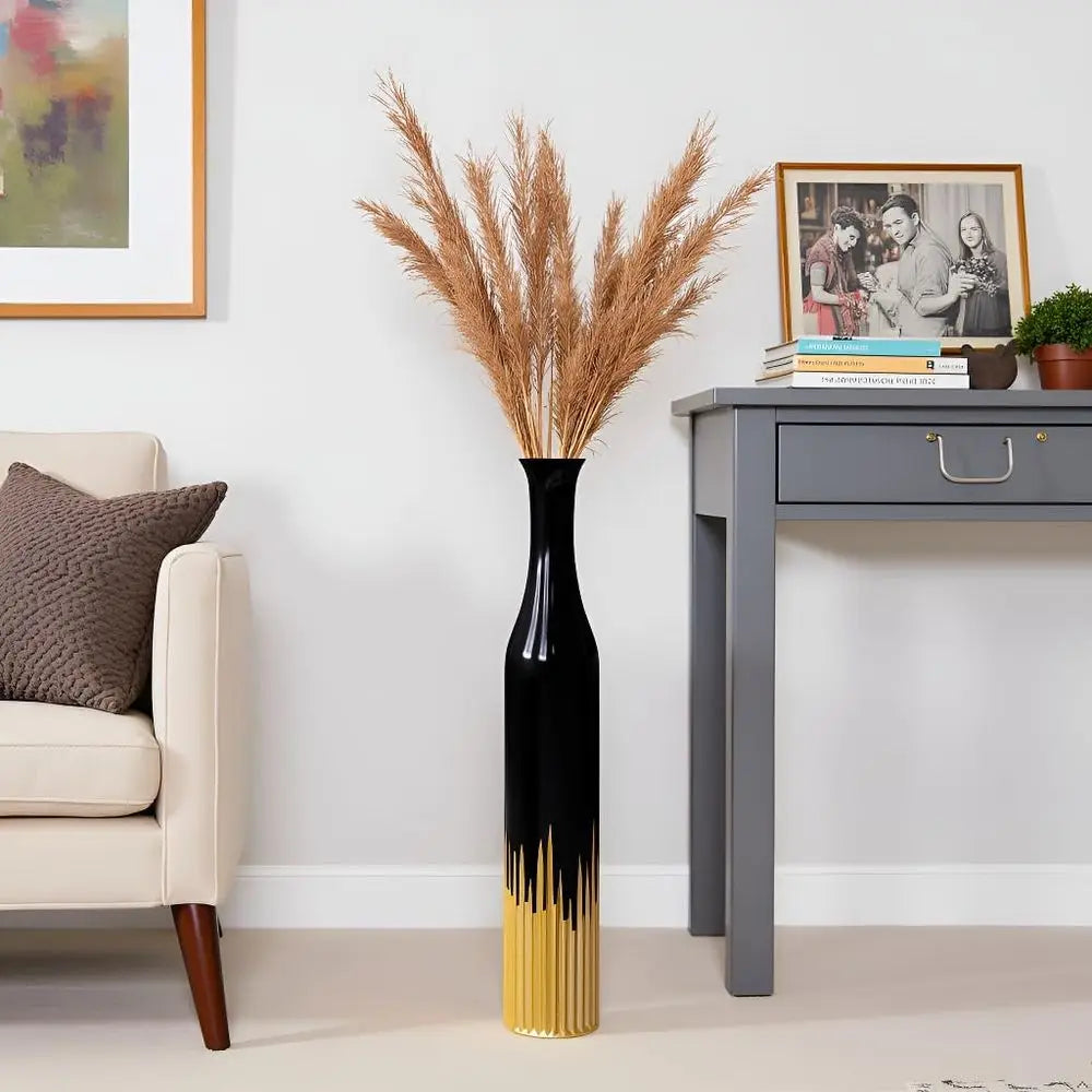 Black Tall Cylindrical Decorative Floor Vase with Gold Tooth Design for Home Living Room Entryway Wedding Resin Vases