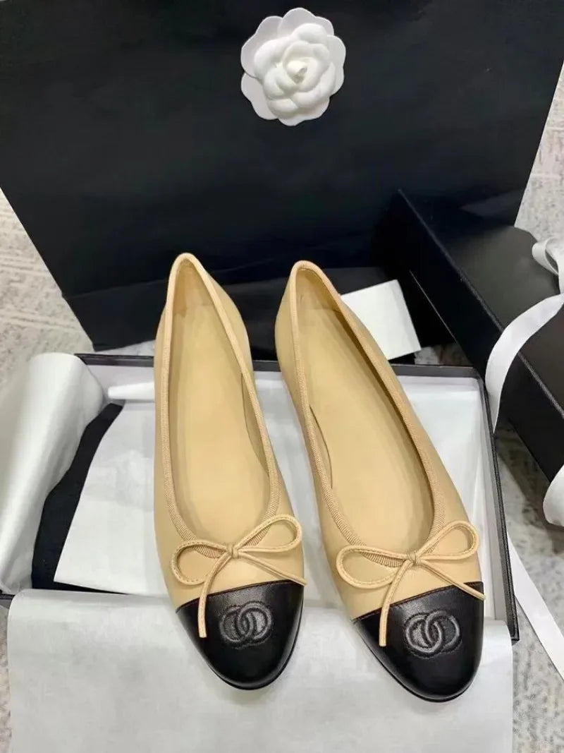 Bowtie Knot Flats Ballet Dance Shoes for Women's Sheepskin Round Toe Shallow Mouth Comfortable Driving Shoe SC2