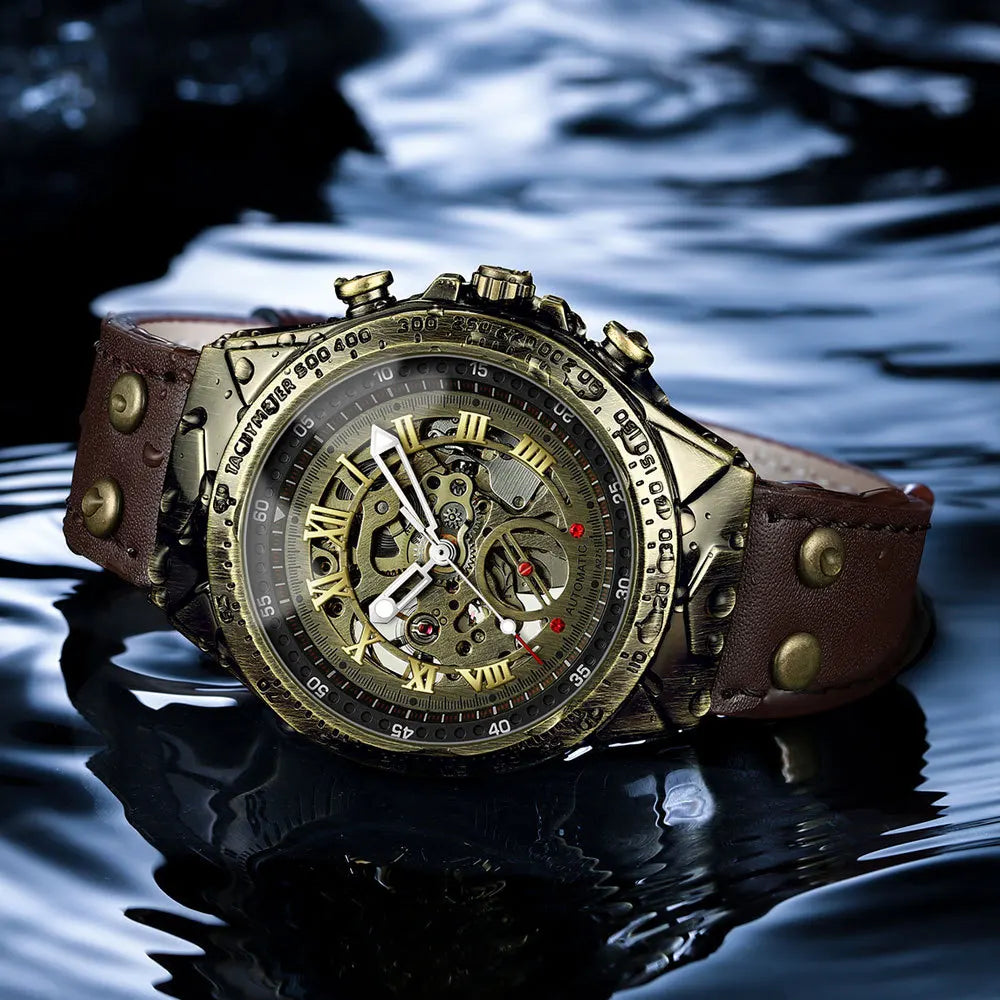 Men Mechanical Watch Business Retro Trend Bronze Leather Strap Automatic Mechanical Watch Waterproof Male Fashion Clock Watches