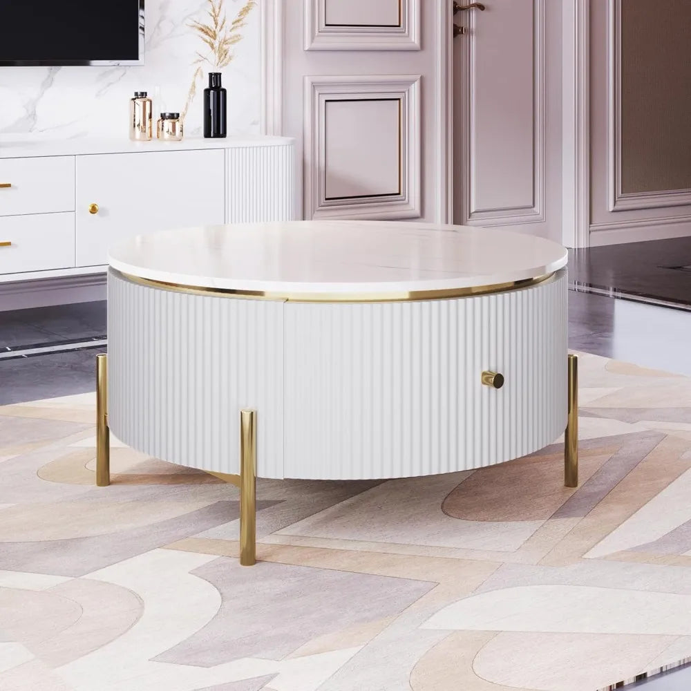 31.5" White Coffee Table with 2 Storage Drawers, Round Side Table, Circle Accent Table with Marble Pattern Tabletop, Modern