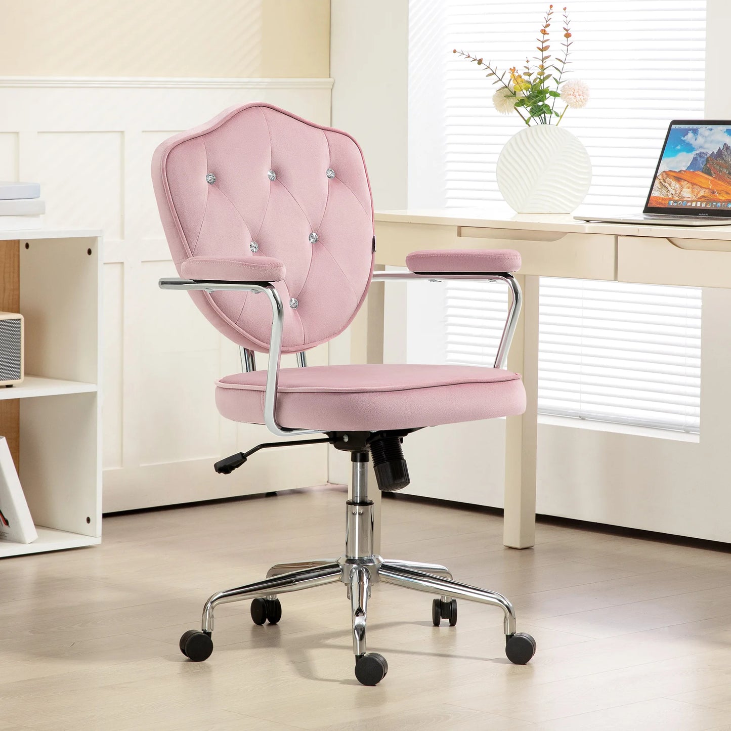 Homcom Cute Office Chair, Velvet-Feel Fabric Vanity Chair, Pink