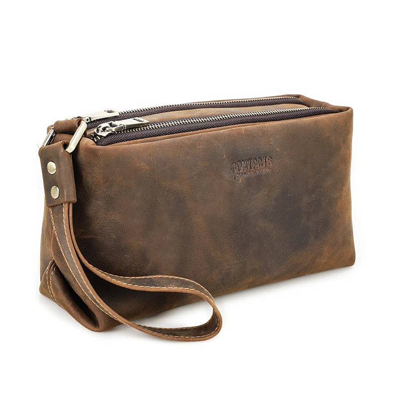 CONTACT'S Genuine Leather Men Clutch Bags Wrist Strap Crazy Horse Leather Handbag Men's Bag Phone Pocket Male Clutches Wallets