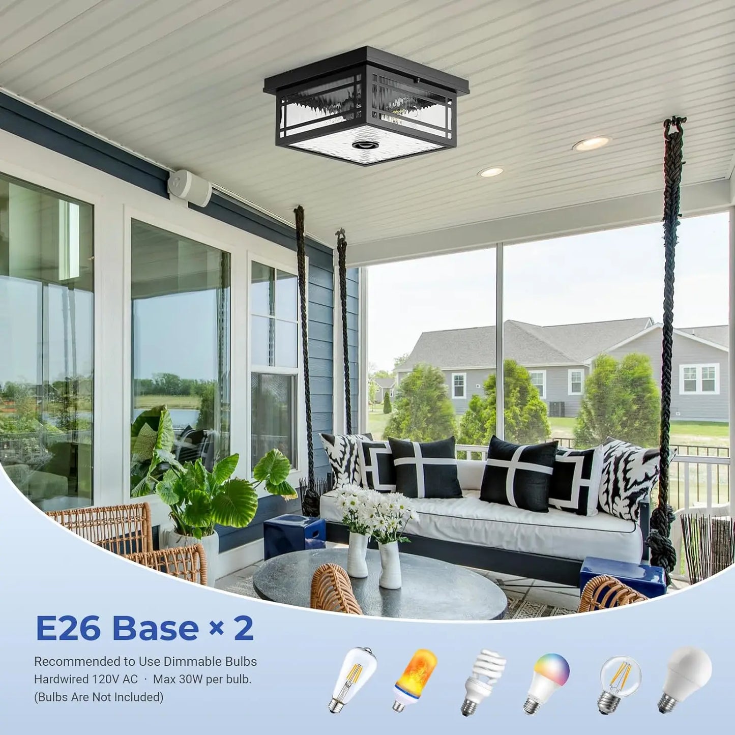 Outdoor Motion Sensor Ceiling Light with Remote, 2-Light Black Outdoor Flush Mount Light with Adjust Sensitivity, 4 Modes Front