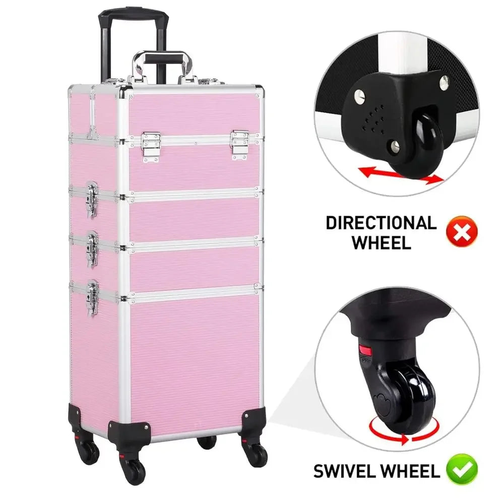 Portable Rolling Makeup Train Case with 4 Wheels, Detachable, Pink, Professional Organizer for Travel