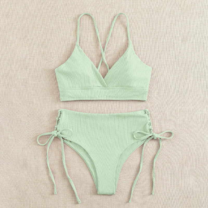 Sexy Solid V Neck Lace Up Bikinis 2 Piece Set Women Split Swimsuit High Waist Beach Bikinis 2025 New Summer Swimwear Bikinis Set
