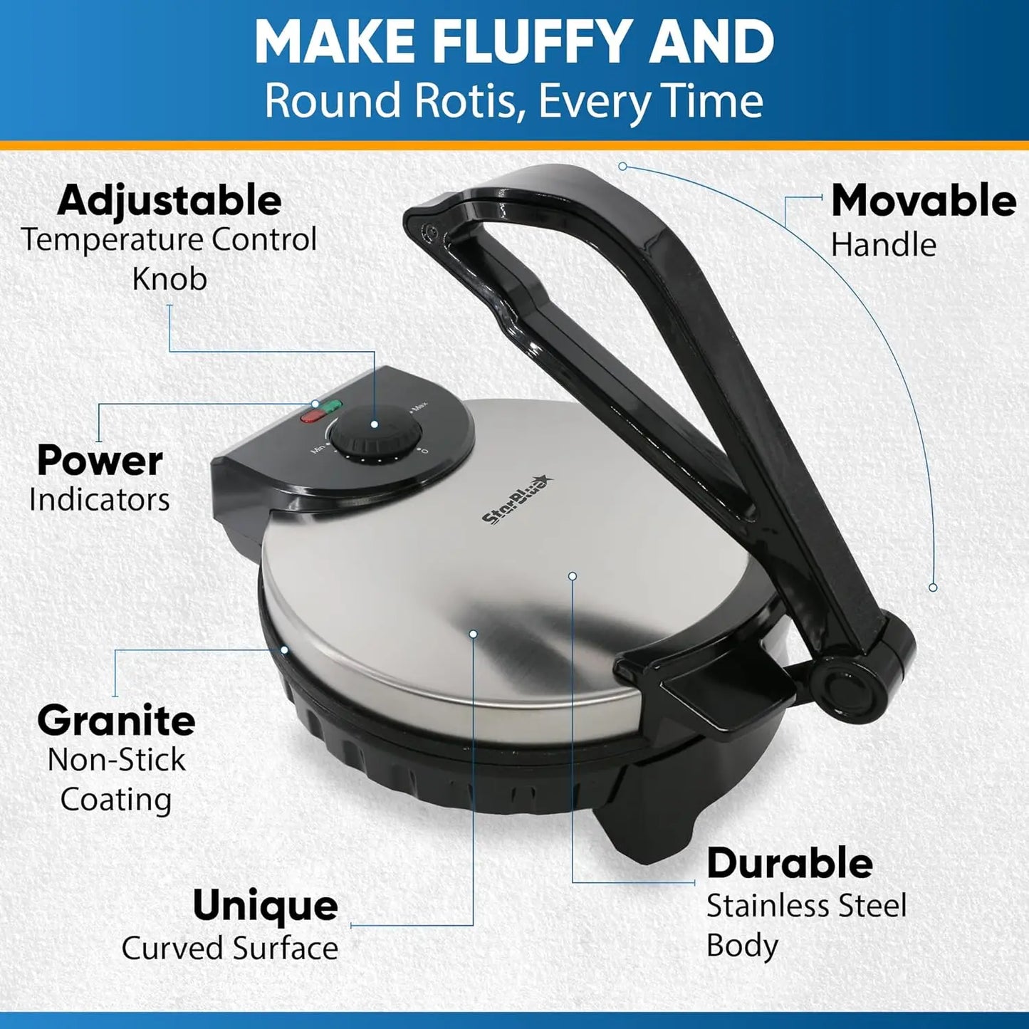 10inch Roti Maker by with FREE Roti Warmer - The automatic Stainless Steel Non-Stick Electric machine to make Indian style Chapa