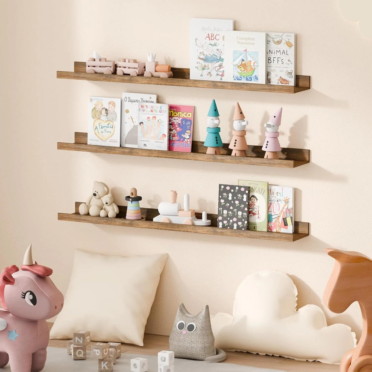 Floating Shelves for Wall, Wood Mounted Shelf Decor Storage Set of 6, for Living Room, 35.5 inch Long Picture Ledge, Brown