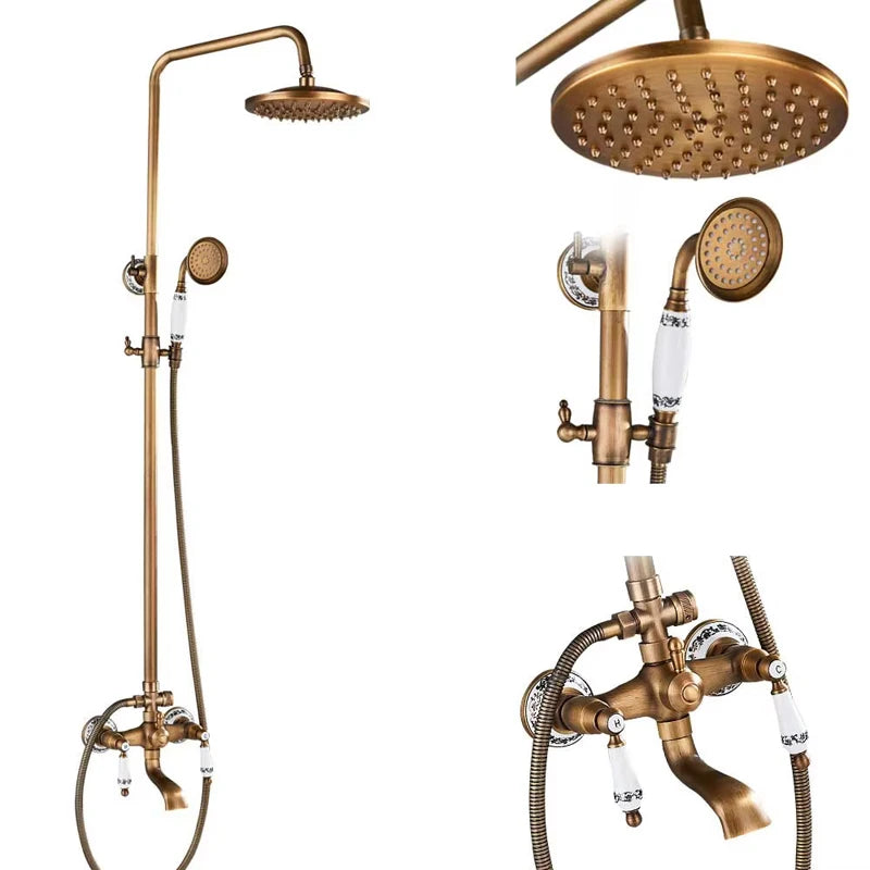 Antique Brass Bathroom Shower Faucet Sets Rainfall Head Wall Mounted Mixer Tap Hot and Cold Taps