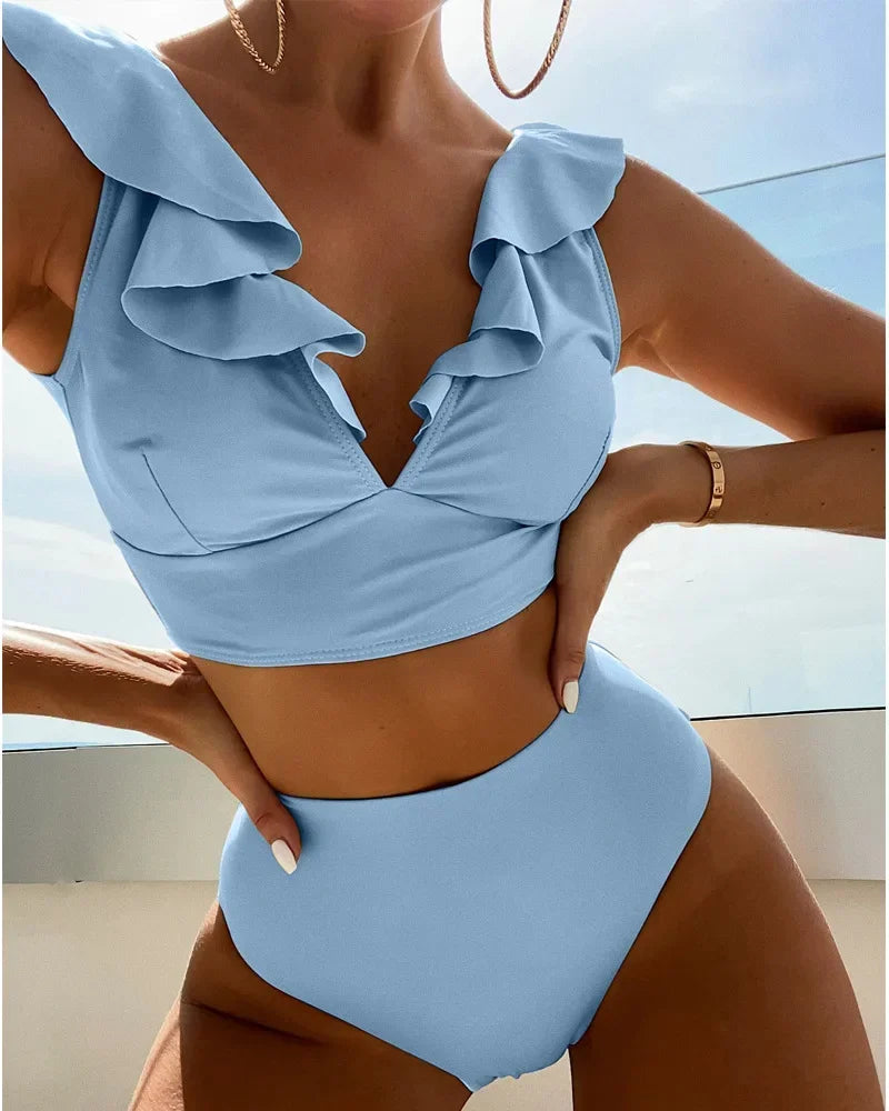 2025 Women's Sexy High Waist Swimsuit Ruffle Bikinis Push Up Bikinis Set Summer Beach Wear Bathing Suit Female Solid Swimwear