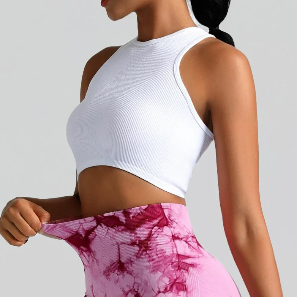 Yoga Vest Women Gym Sports Black White Crop Tops Seamless Streetwear Rib Knit Workout BreathableTank Top Female Without Pads