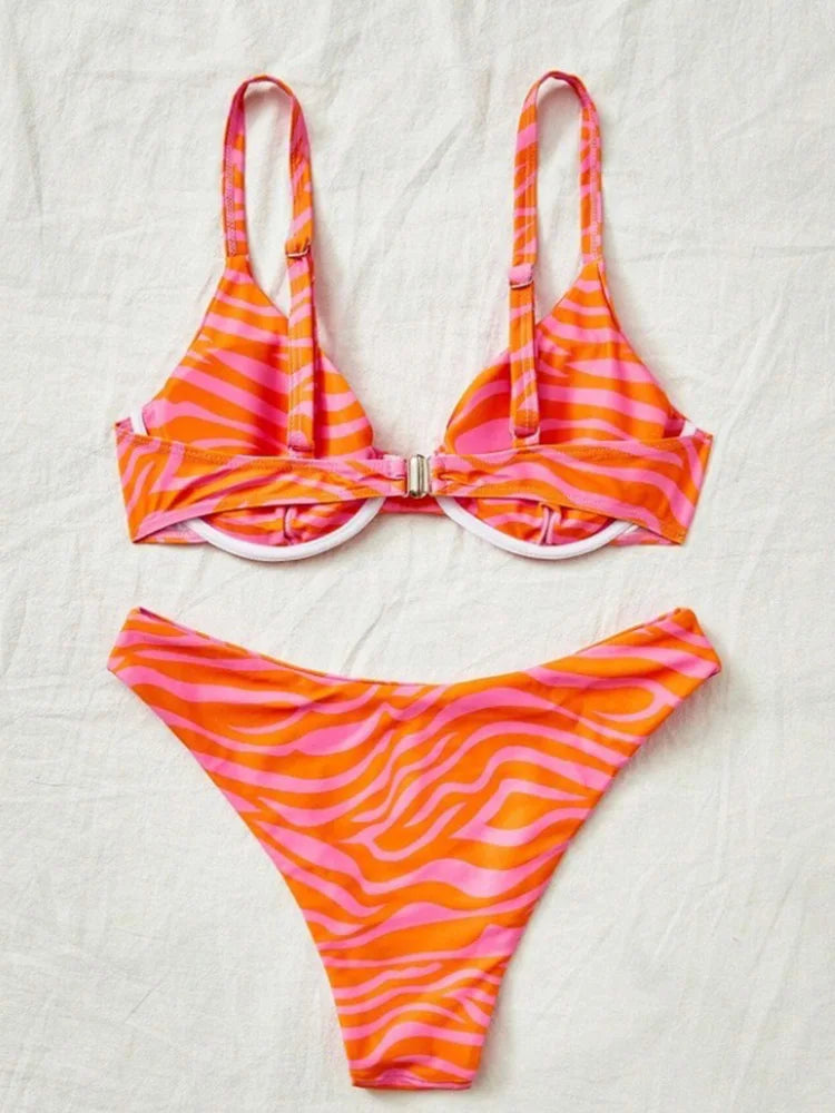 Sexy Fashion Striped Bikinis 2 Piece Set Women Split Swimsuit High Waist Beach Bikinis 2025 New Summer Swimwear Bikinis Set