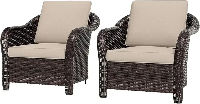 2-Piece Outdoor Wicker Chair Set All-Weather Patio Rattan with Seat & Back Cushion Ideal for Porch Backyard Balcony