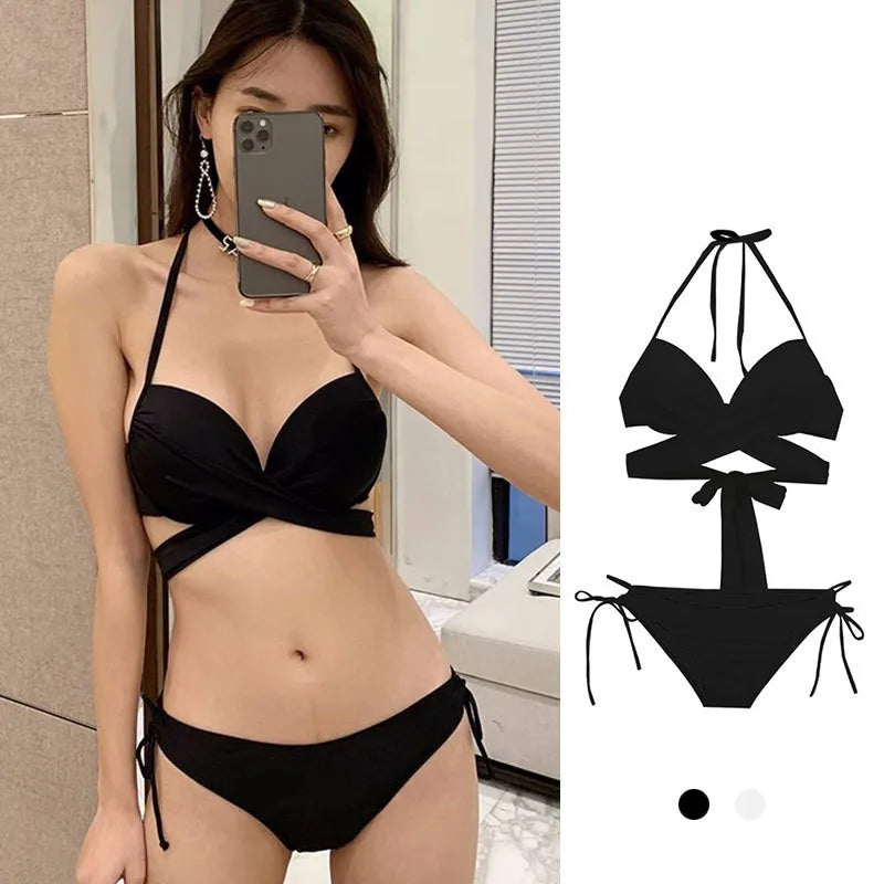 sexy Korean fashion bandage halter cross bikinis sets two pieces solid black and white swimsuit bikinis padded swimwear