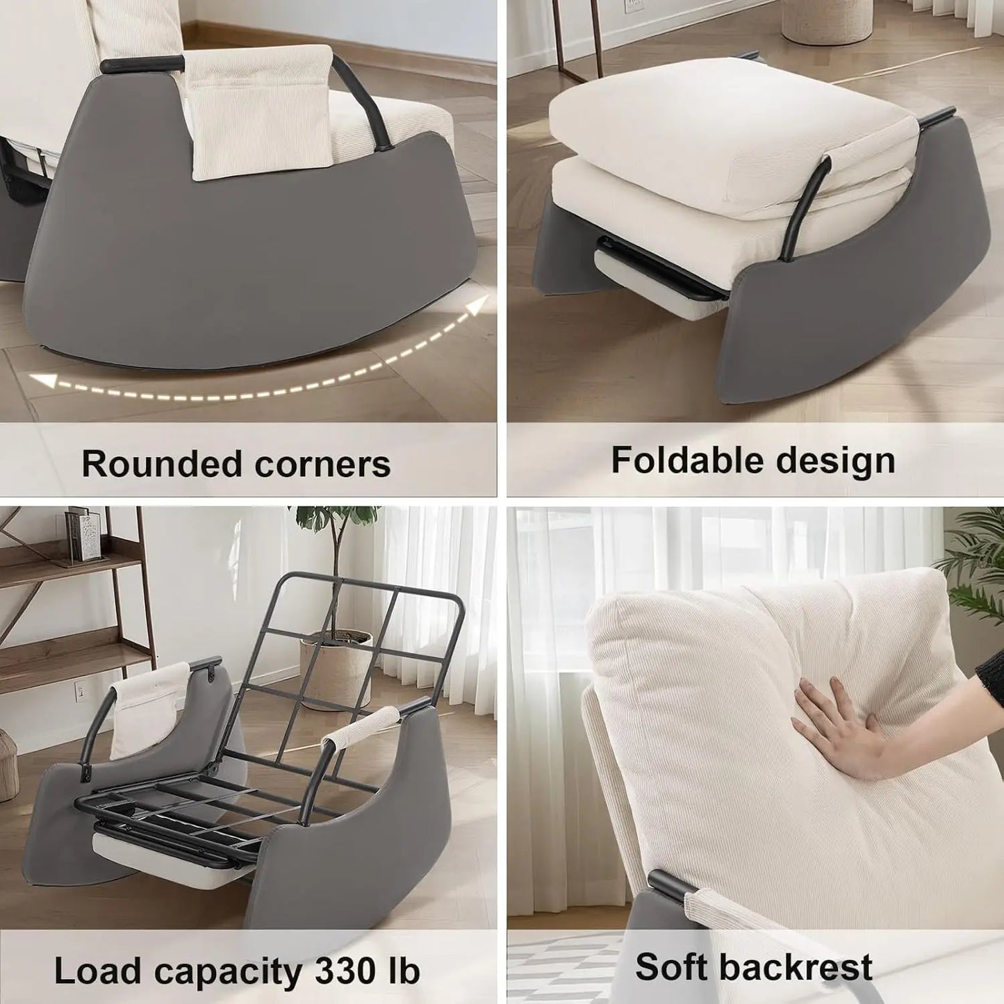 Rocking Recliner Chair Modern Sofa Chairs Upholstered Plush Seating Glider Recliner Chair with Side Pocket 3 Levels Adjustment