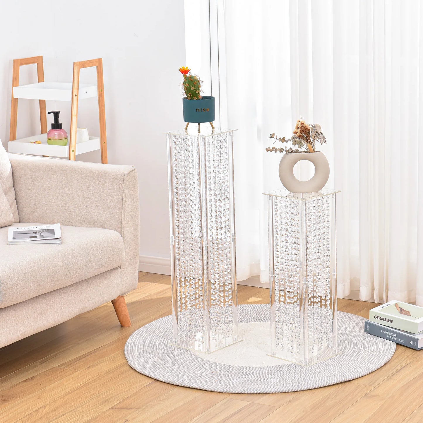4Pcs Tall Acrylic Vase Wedding Centerpiece Geometric Flower Vase Stand with Chandelier Crystals 31.5in Column Arrangement Stand