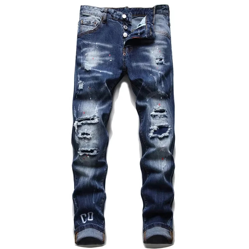 Streetwear Style Italian Men Blue Holes Denim Jeans Trousers Ripped Denim Long Pants High Quality Male Slim Denim Jeans Size 42
