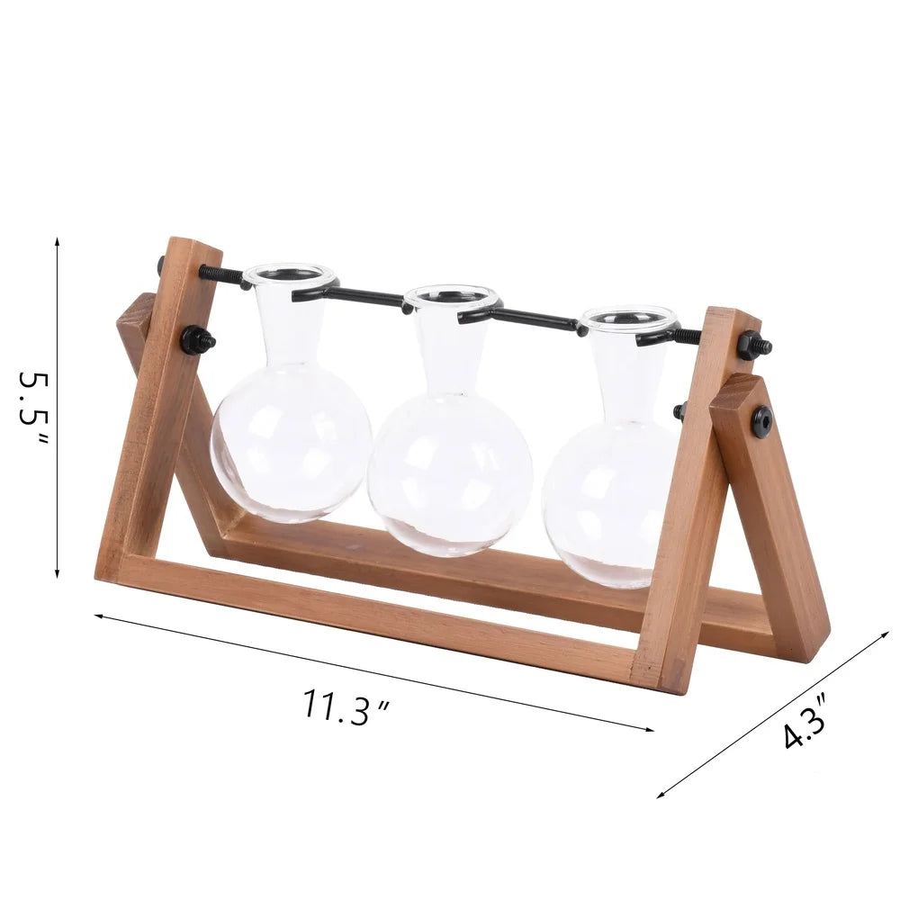 Glass Wood Propagation Station Set with 3 Bulb-Shaped Vases Stylish Indoor Plant Display Stand Cuttings and Flowers
