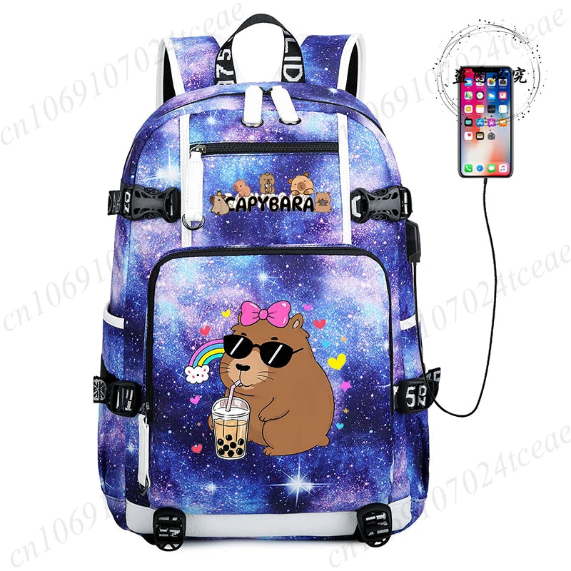 15.6 Inch Student Backpacks Japanese Large-capacity Backpack Girl Boys Simple Versatile Backpack Capibara Anime Usb School Bags