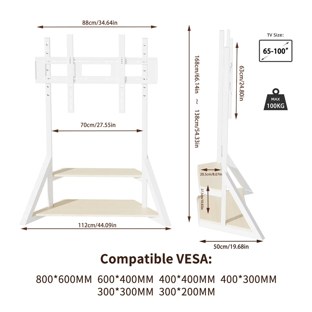 unho Mobile TV Floor Stand with Wheels for 65 to 100 inch Large Flat Screen up to 220lbs, Adjustable Heights TV Mount Stands
