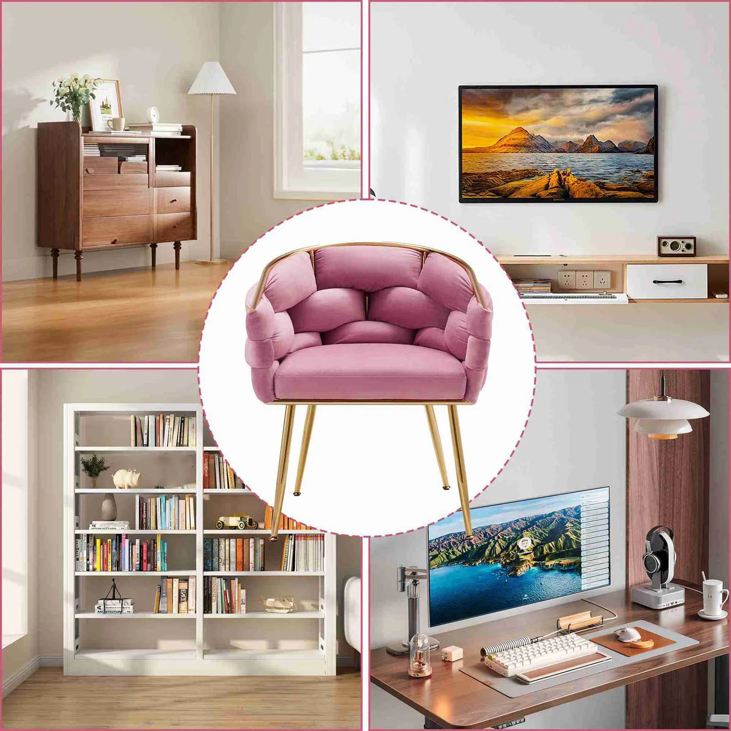 Accent Chair Metal Structure High Stability Velvet Fabric Metal Legs Pink Comfortable Upholstered Chair