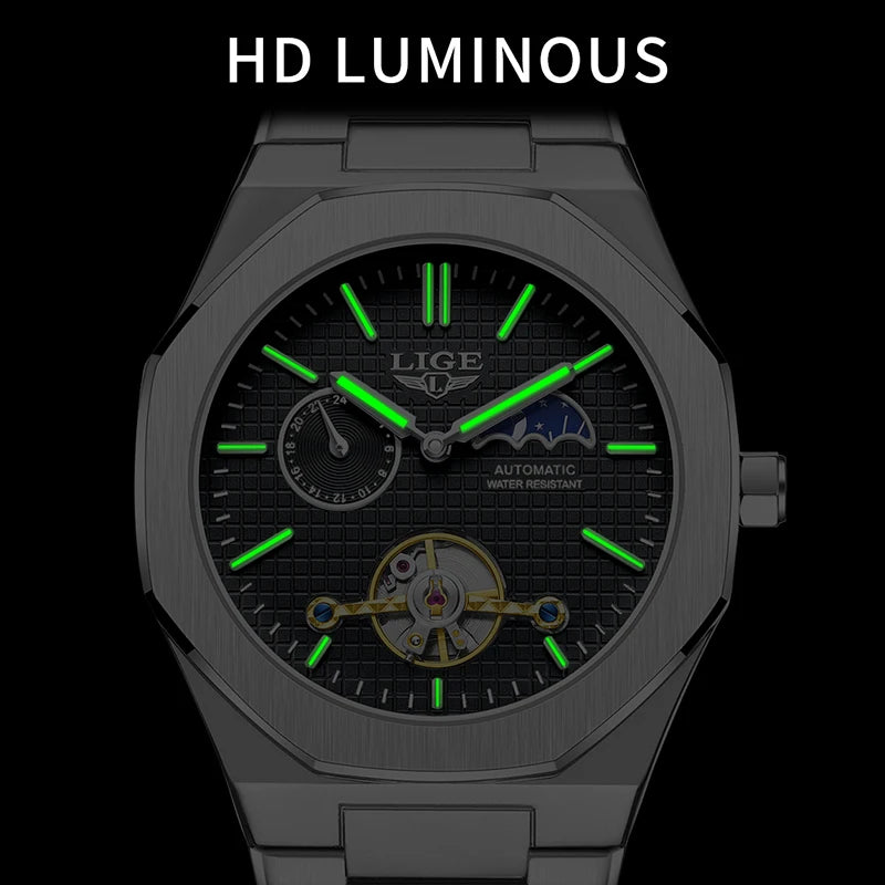 LIGE New Automatic Watches For Men Outdoor Sports Waterproof 24 Hours Moon Phase Watch Men Luxury Men's Mechanical Wristwatch
