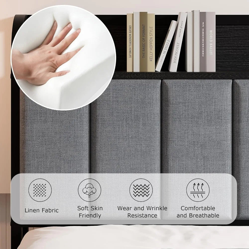 VECELO Storage Platform Bed Frame with Upholstered Headboard and Charging Station, Metal Slat Support, No Box Spring Needed