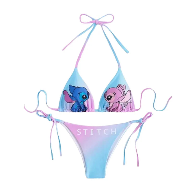 2Pcs New Stitch Bikinis Set Kawaii Swimsuit Black 2025 Women New Summer Sexy Bikinis Y2k Beach Strappy Panties Swimwear Girl