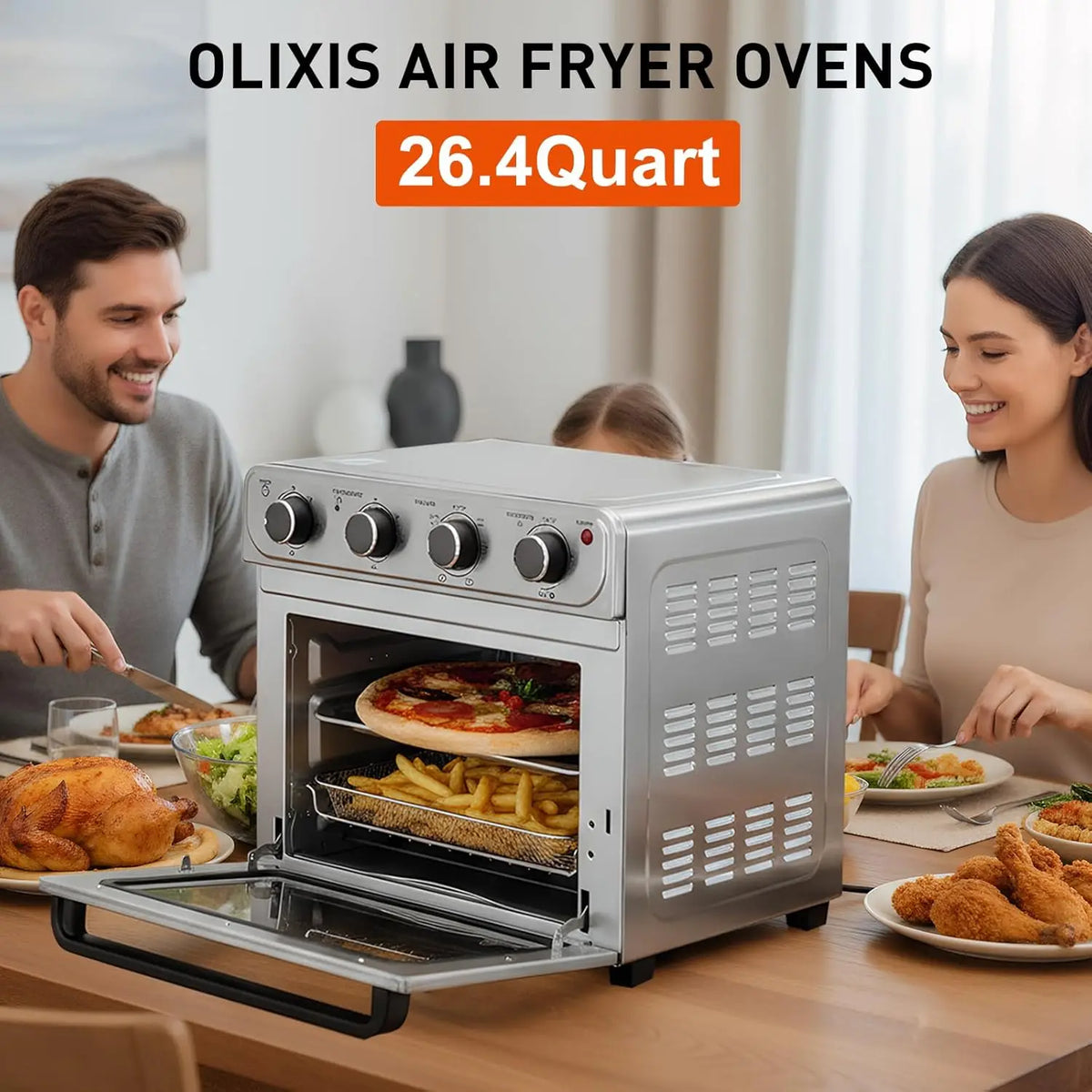 Air Fryer Toaster Oven Combo 26.4QT, 4-in-1 Convection Countertop Oven, Stainless Steel, 450°F, Includes 4 Accessories