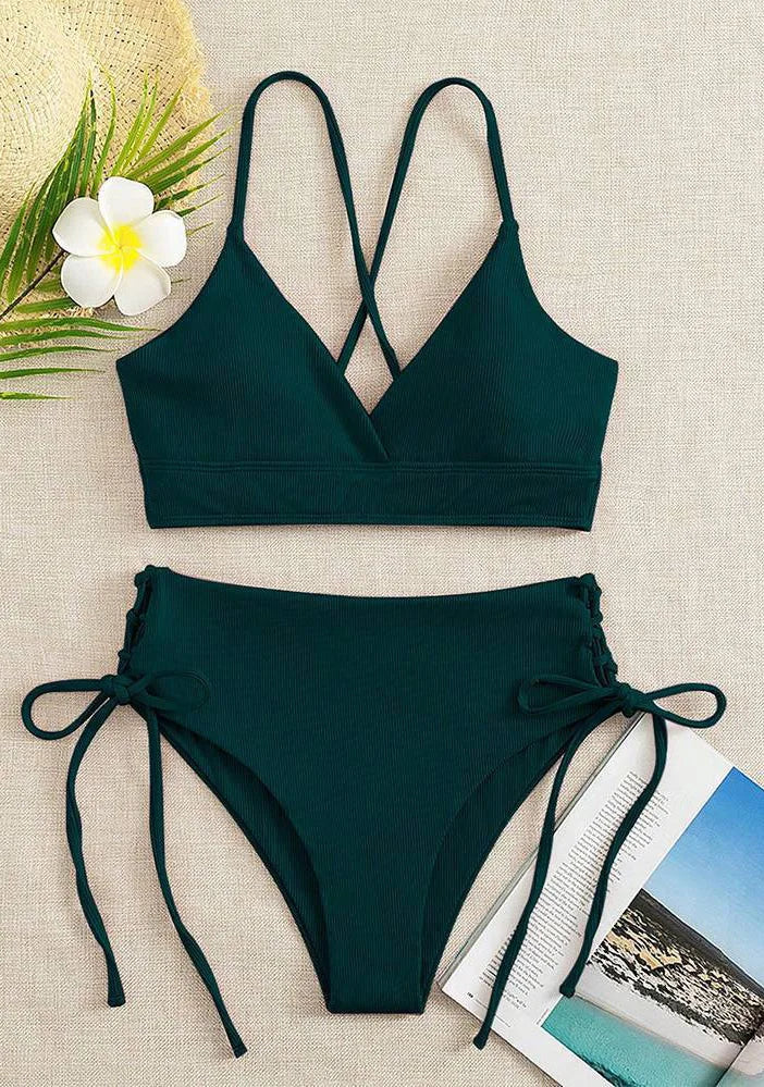 Sexy Solid V Neck Lace Up Bikinis 2 Piece Set Women Split Swimsuit High Waist Beach Bikinis 2025 New Summer Swimwear Bikinis Set