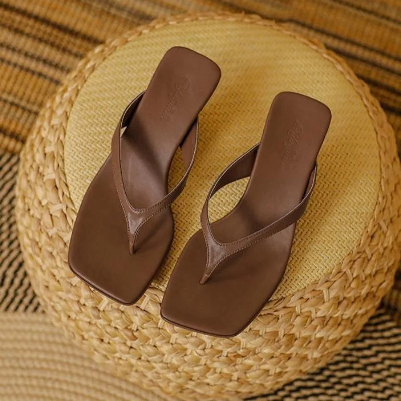 Women Slippers Female Clip Toed High-heeled Slippers Casual Footwear Slides Ladies Square Toe Fashion 2025 Summer Flip Flops