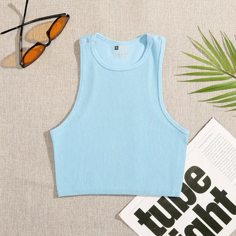 1pcs Solid Sleeveless Women Running Yoga Wear Clothing Slim Fit Quick Drying Ribbed Crop Tank Top
